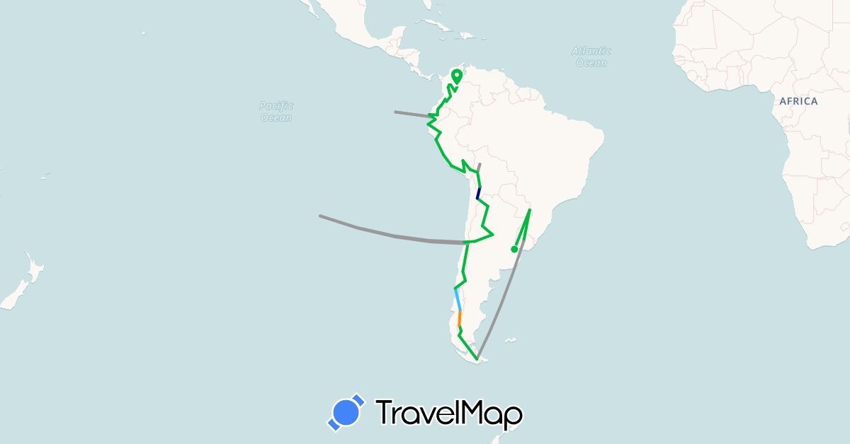 TravelMap itinerary: driving, bus, plane, boat, hitchhiking in Argentina, Bolivia, Chile, Colombia, Ecuador, Peru, Uruguay (South America)